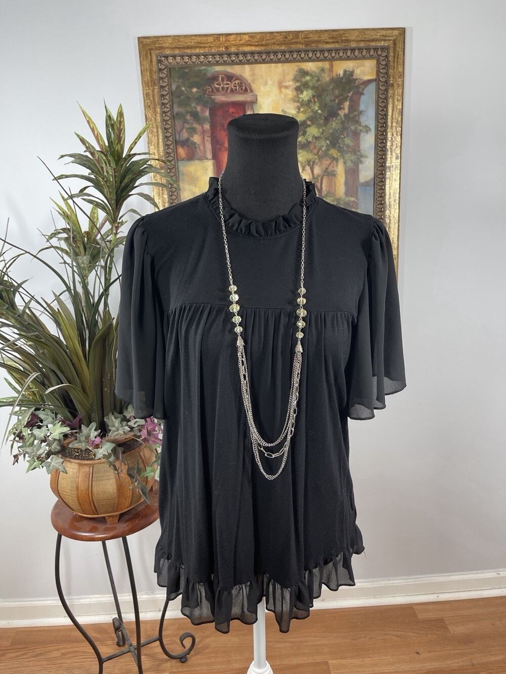 Kim & Cami Black Ruffle Neck Flutter Sleeve Tunic Top Women Medium Boho Fairycor